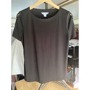 Liz Claiborne Size Petite Large Black Blouse Short Sleeve Gold Button Accents